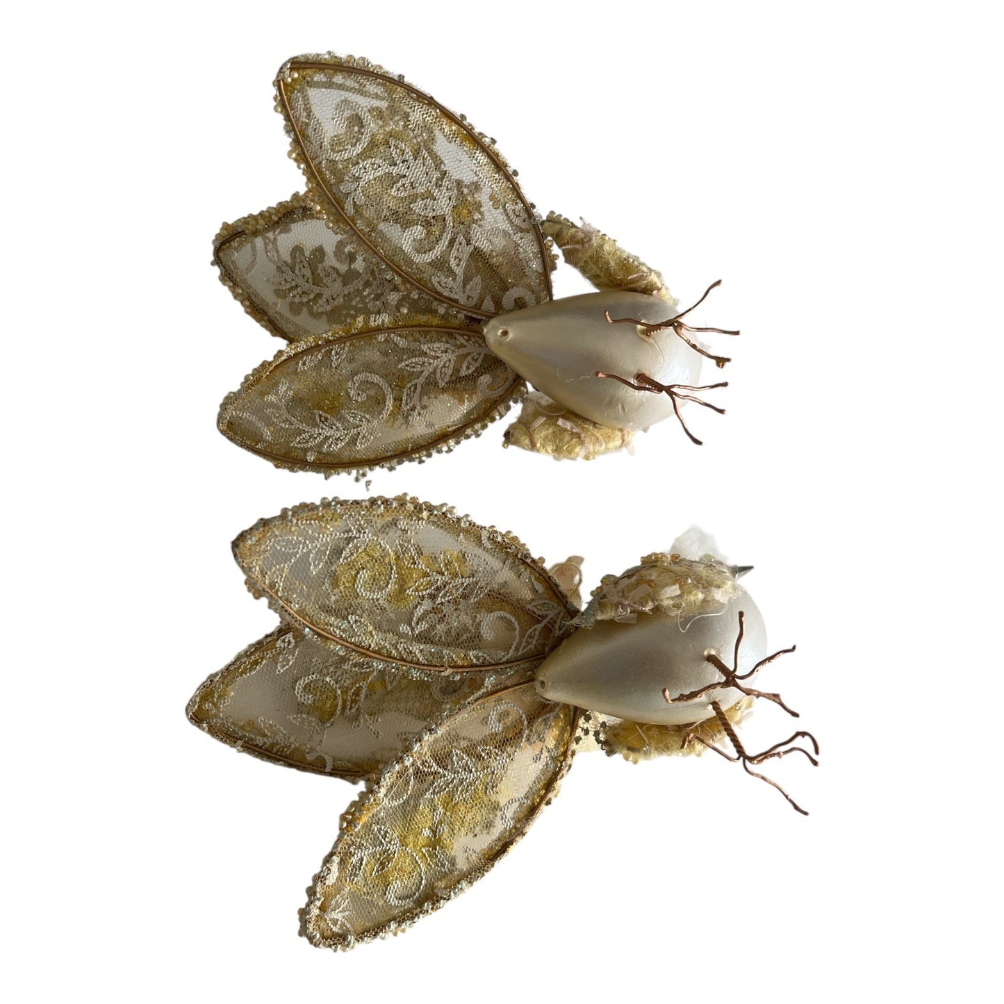 Set of 2 Decorative Birds Ornaments with Beaded Lace Tails and Feather Crests