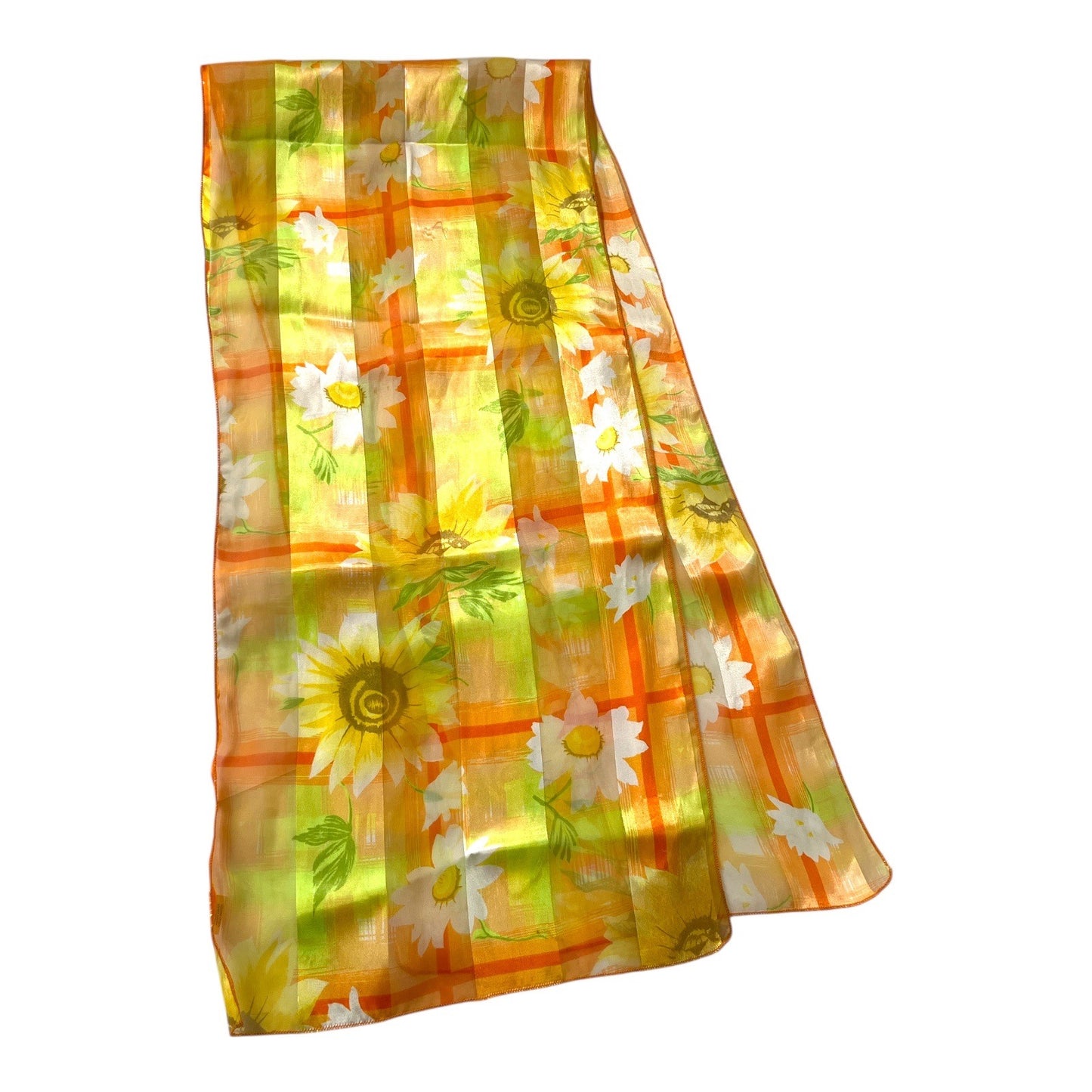 Vintage 1960s–1970s Sheer Floral Scarf Orange Yellow Green Daisy Print Made in USA