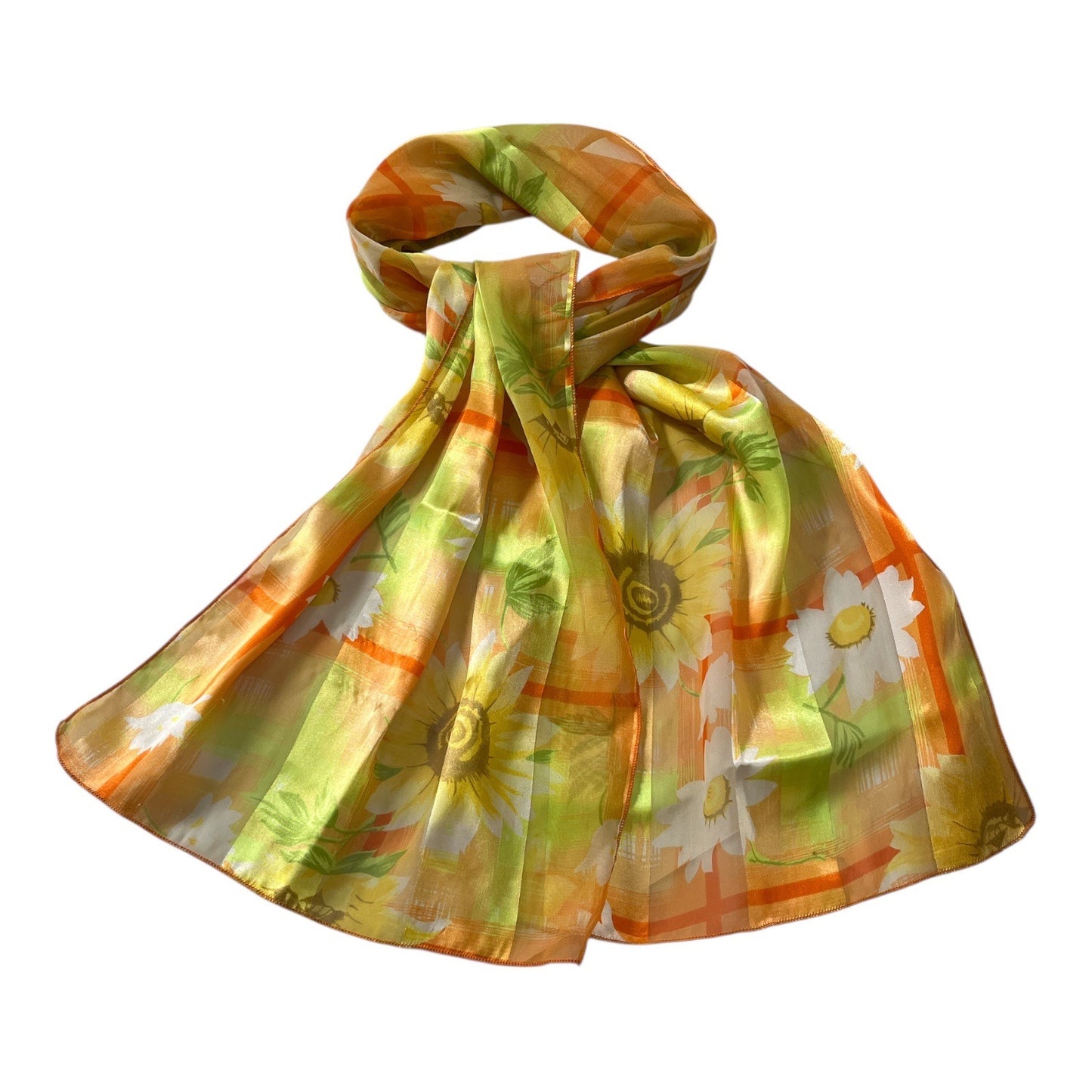 Vintage 1960s–1970s Sheer Floral Scarf Orange Yellow Green Daisy Print Made in USA