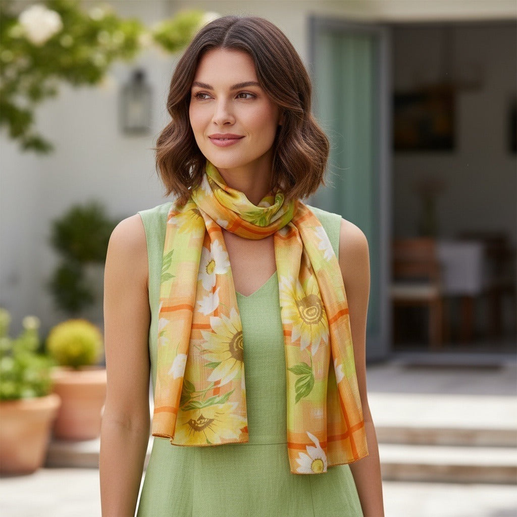 Vintage 1960s–1970s Sheer Floral Scarf Orange Yellow Green Daisy Print Made in USA