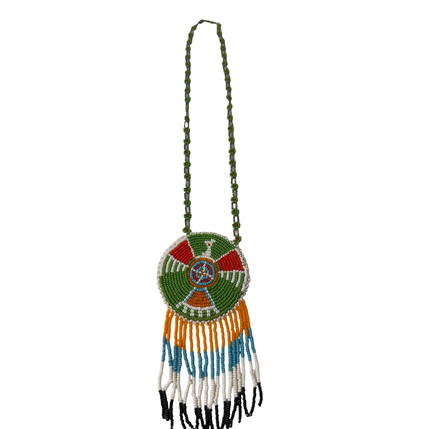 Vintage Native American Beaded Medallion Necklace Rosebud SD 22" Leather Fringe