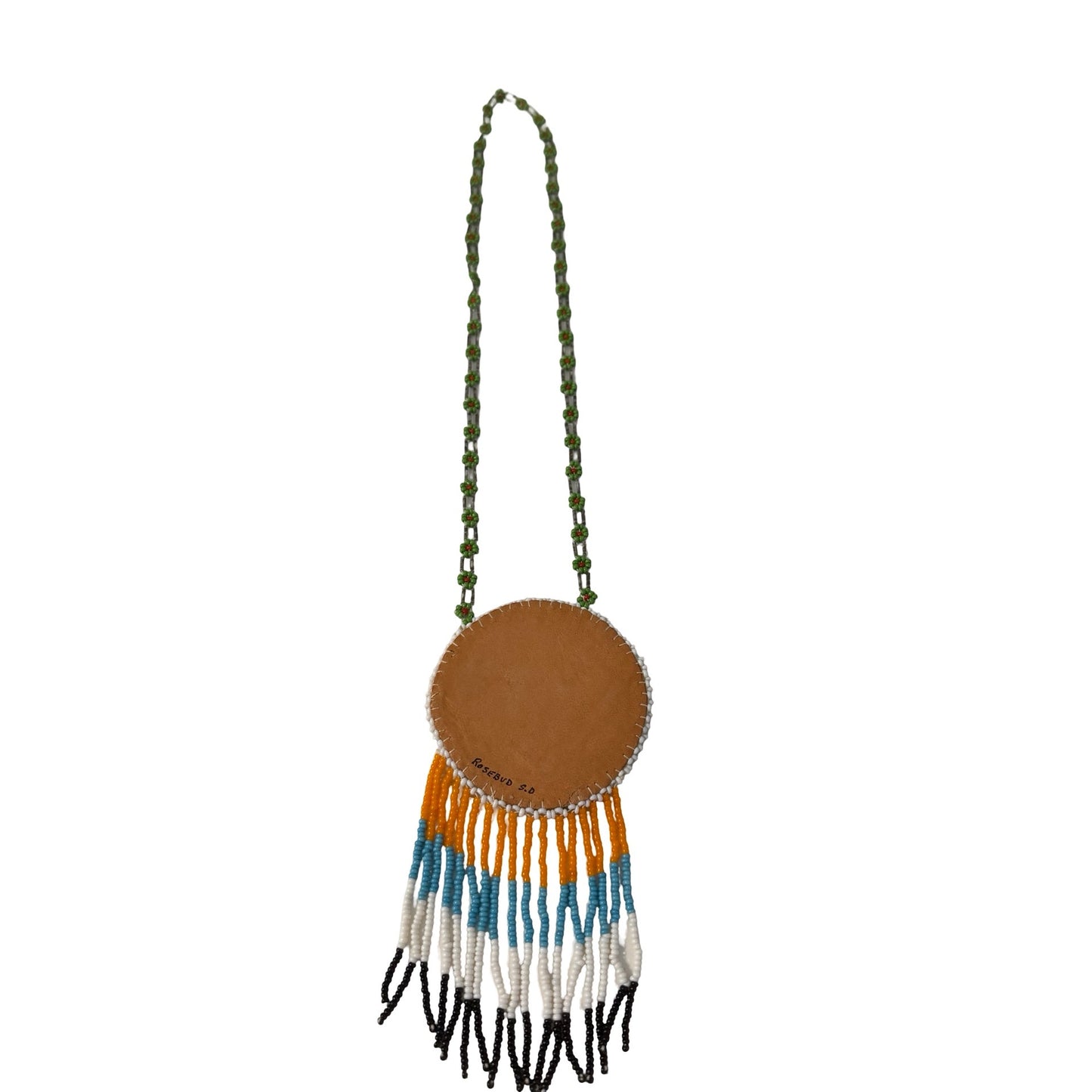 Vintage Native American Beaded Medallion Necklace Rosebud SD 22" Leather Fringe