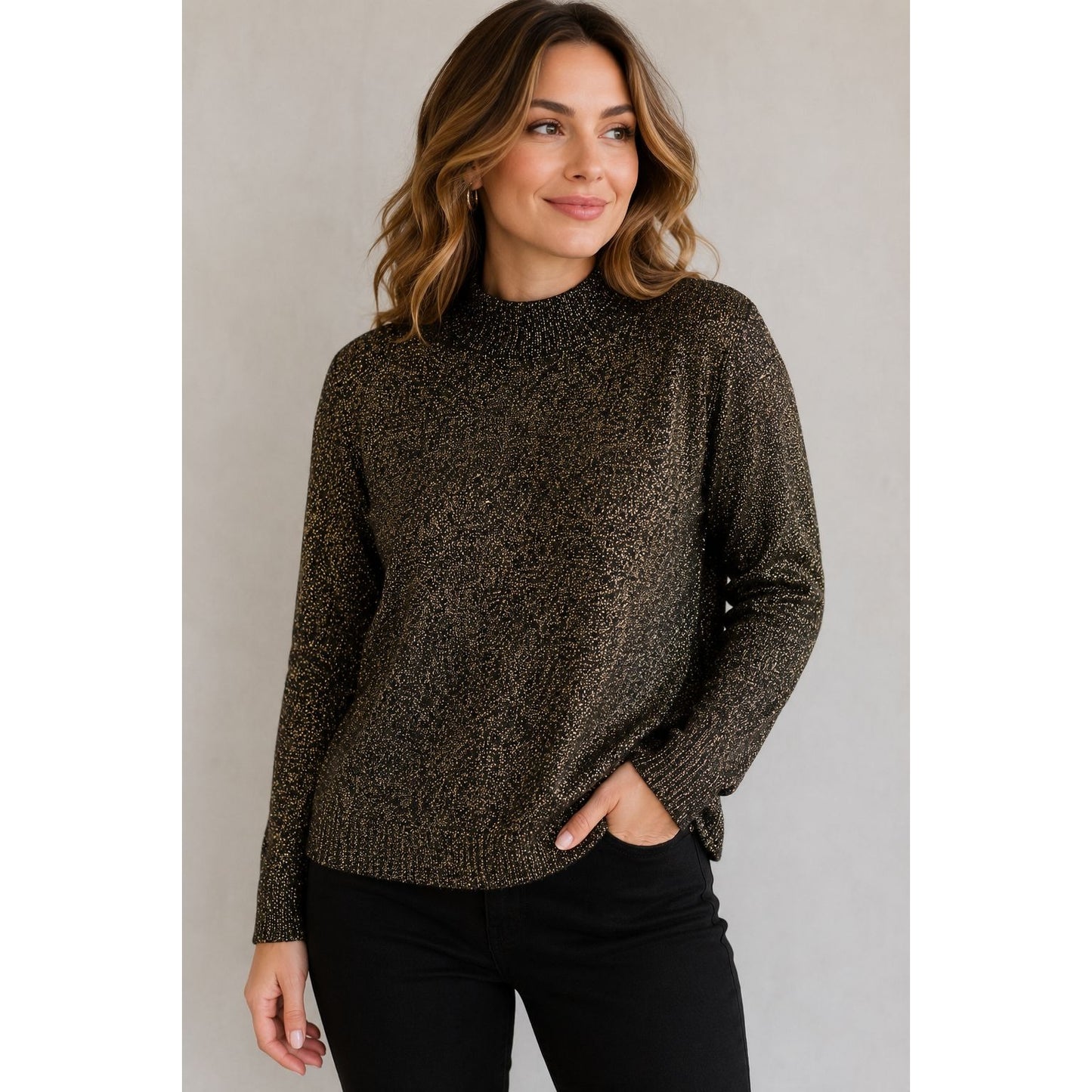 Yarnworks Metallic Gold Lurex Mock Neck Sweater Women's XL Vintage Hong Kong