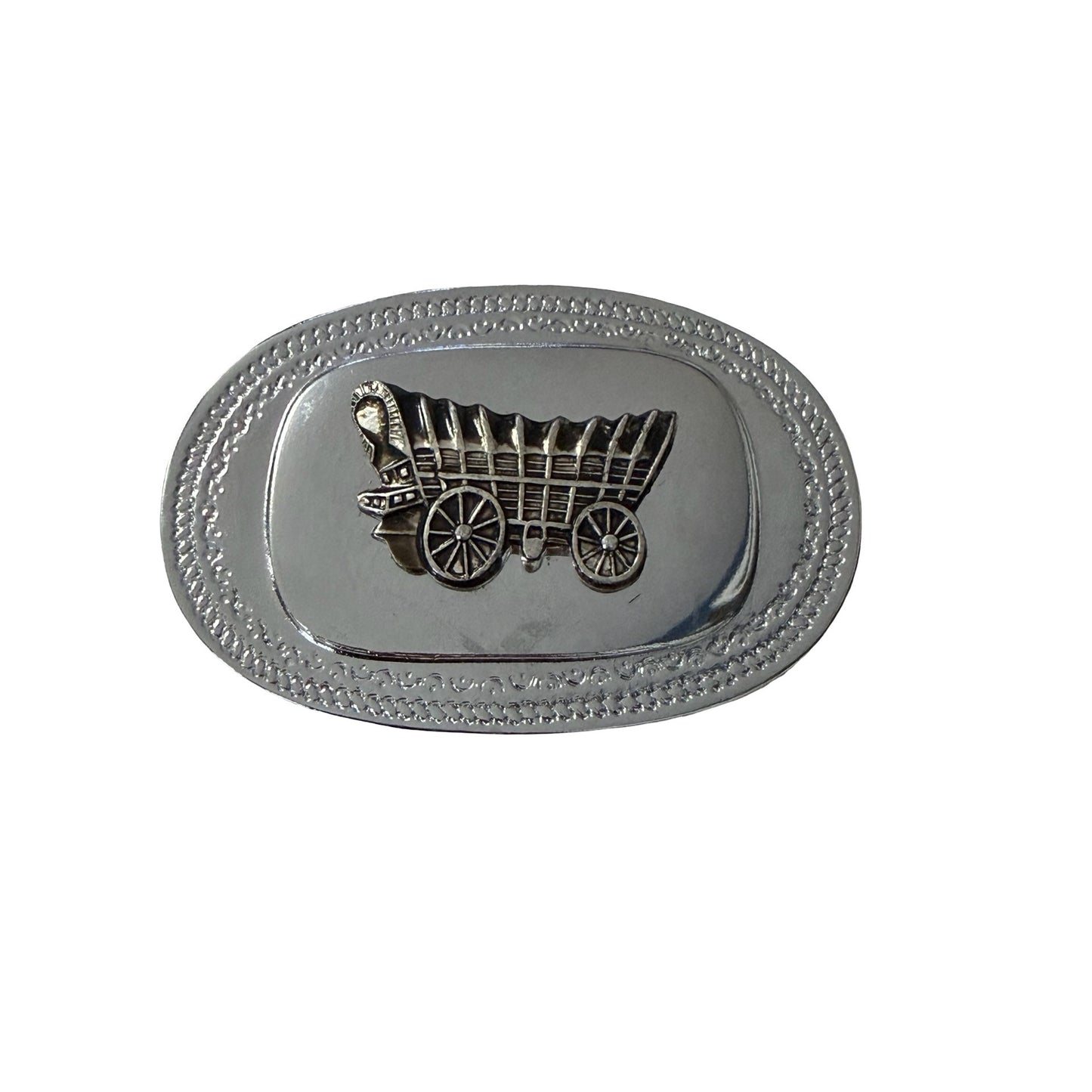Vintage Covered Wagon Belt Buckle Western Pioneer Wagon Made In Hong Kong