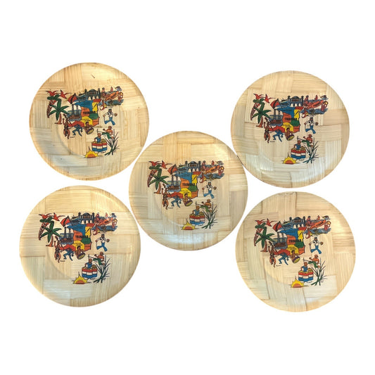 Set of 5 Vintage Trinidad Souvenir Bamboo Plates – 1970s – 4.25" – Colorful Caribbean Map Design