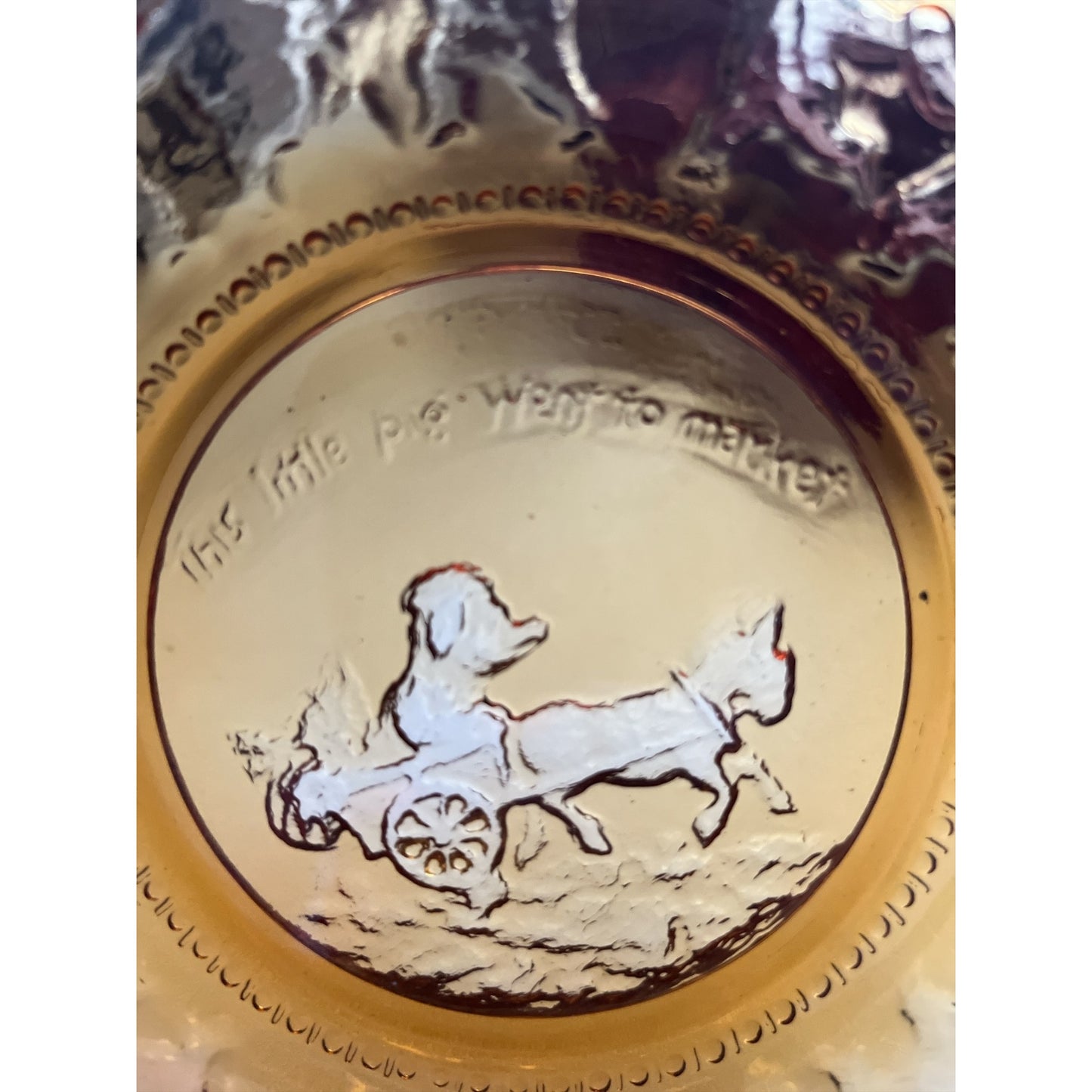 Set of 3 Vintage Amber Glass Nursery Rhyme Plates – 6.5” – Little Bo Peep, Hey Diddle Diddle, This Little Piggy – Embossed Glass