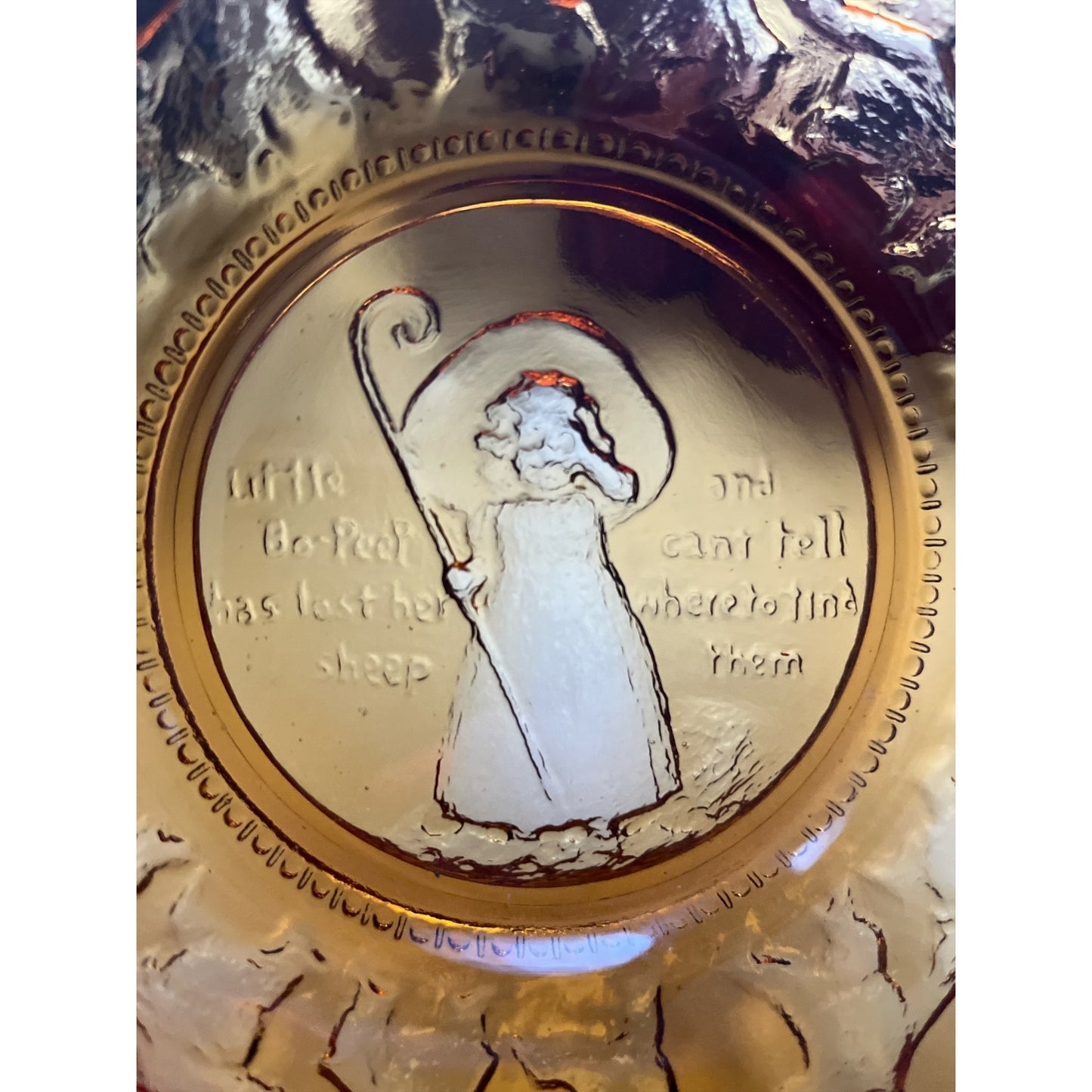 Set of 3 Vintage Amber Glass Nursery Rhyme Plates – 6.5” – Little Bo Peep, Hey Diddle Diddle, This Little Piggy – Embossed Glass
