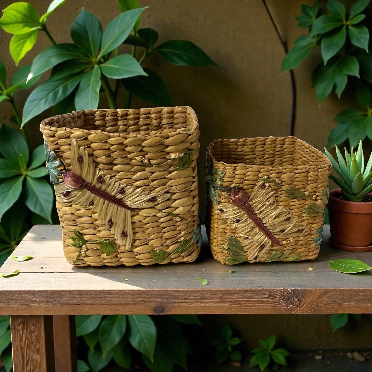 Vintage Woven Basket Set with Dragonfly Motif Natural Straw Storage Bins