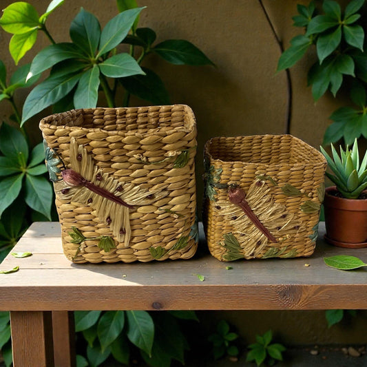 Vintage Woven Basket Set with Dragonfly Motif Natural Straw Storage Bins