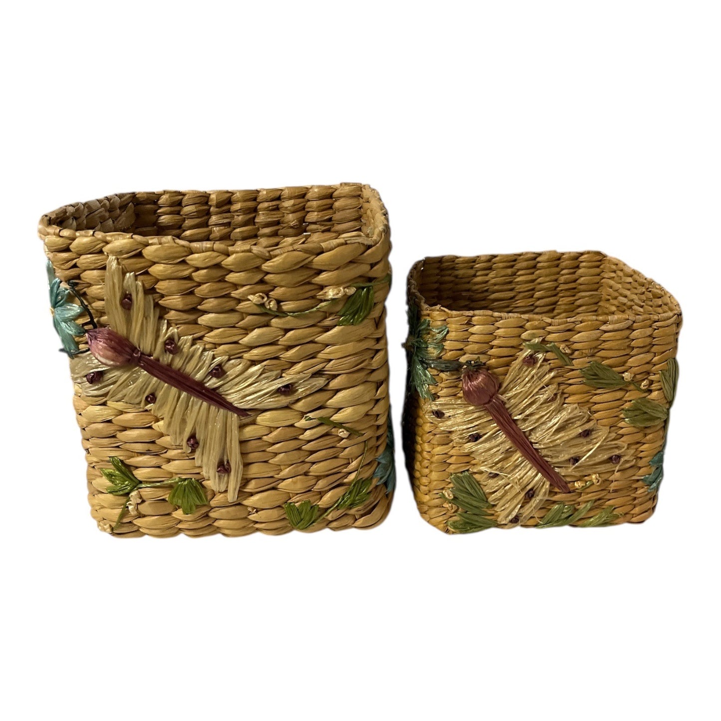 Vintage Woven Basket Set with Dragonfly Motif Natural Straw Storage Bins