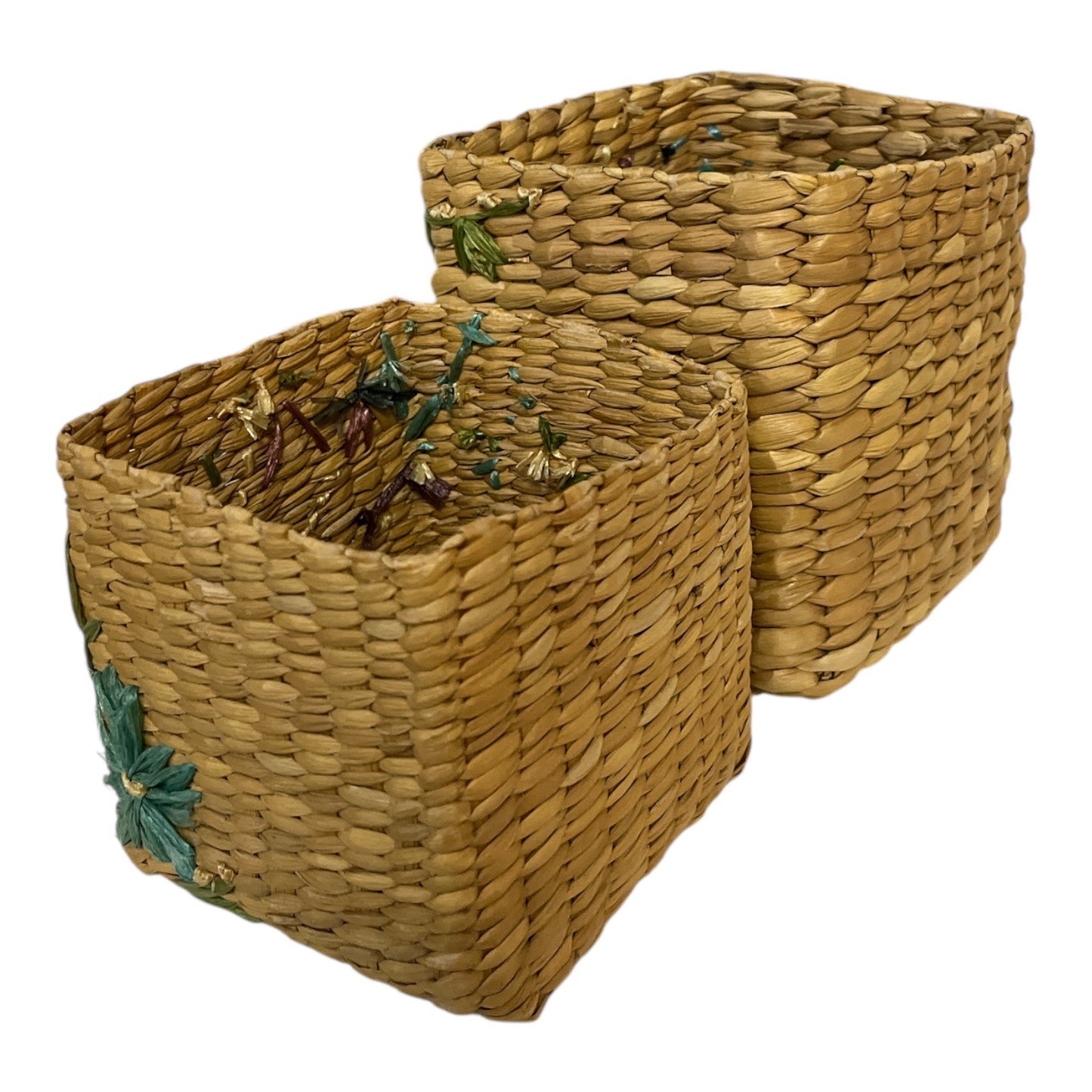 Vintage Woven Basket Set with Dragonfly Motif Natural Straw Storage Bins