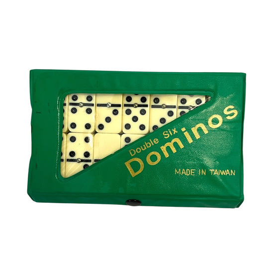 Vintage Double Six Dominoes Set – Made in Taiwan – Green Vinyl Case with Clear Window – 28 Tiles