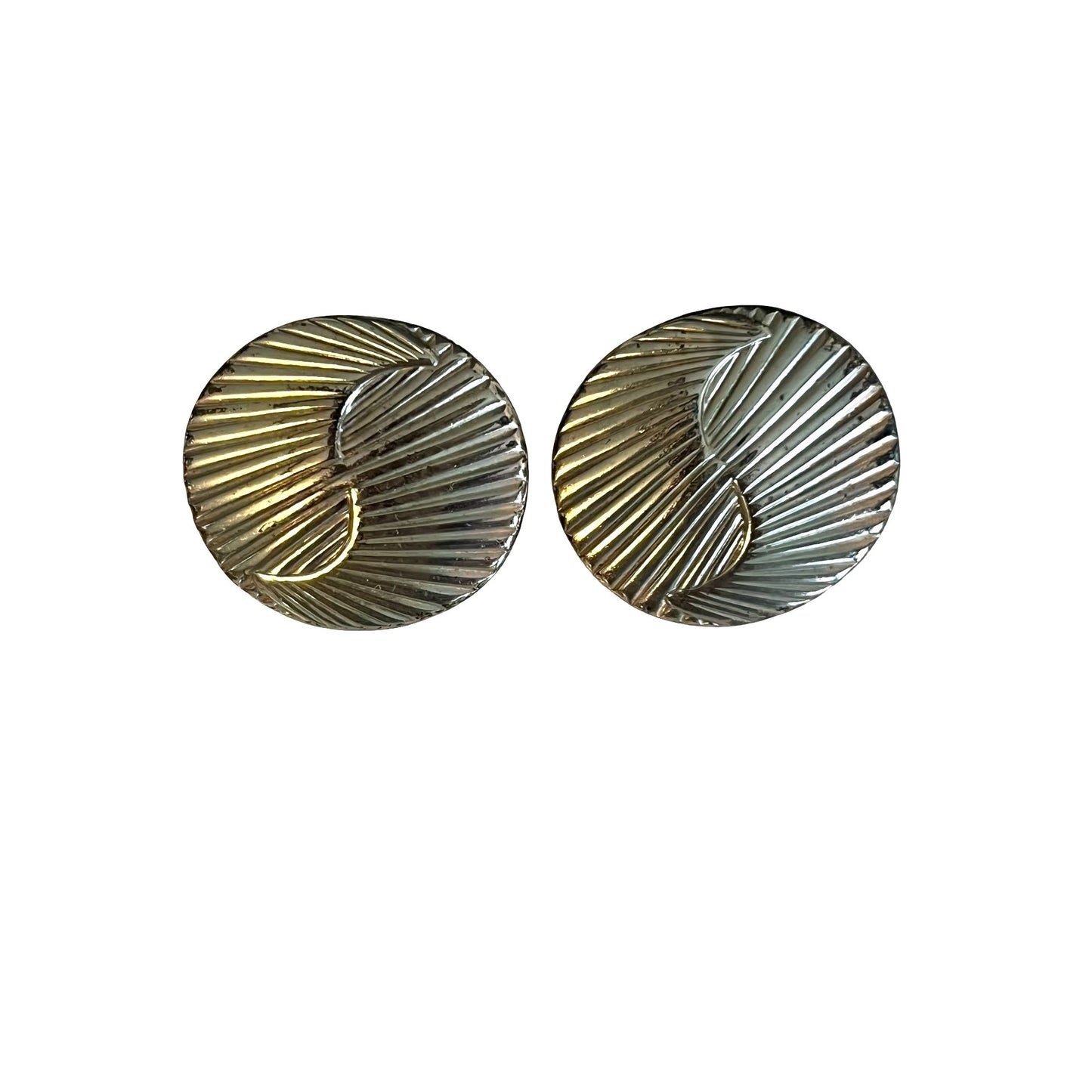 Vintage Silver Tone Pierced Earrings Round Ribbed Textured Dome Classic Retro Jewelry 1”