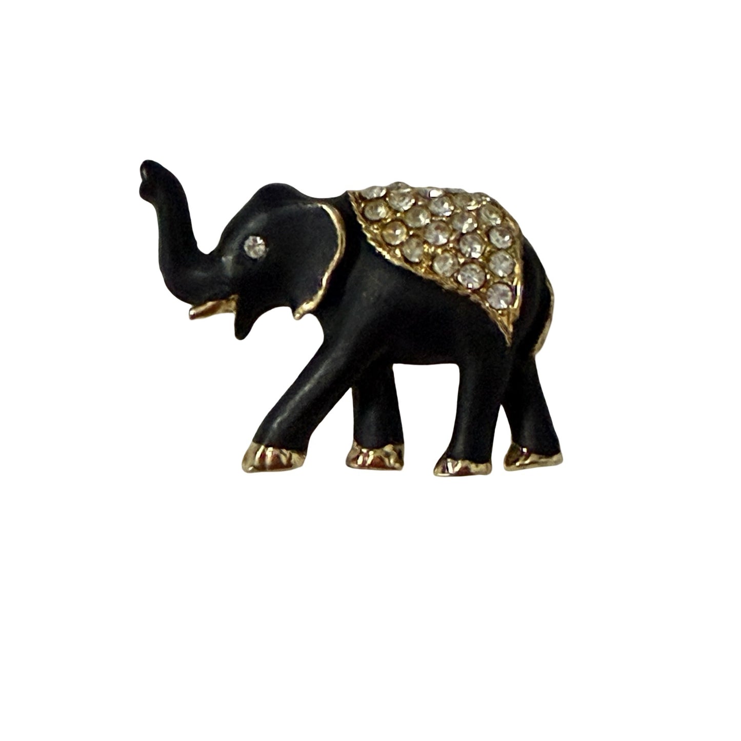 Vintage Matte Black Enamel Elephant Brooch Gold Tone Rhinestone Accent Lucky Pin 1.25"