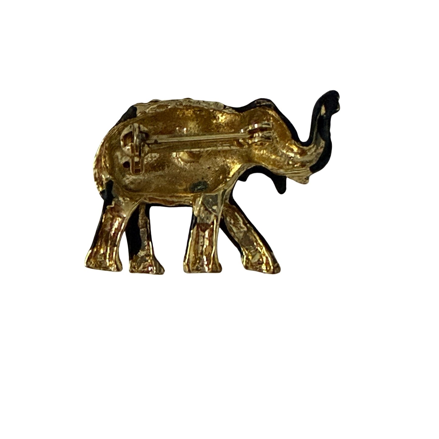 Vintage Matte Black Enamel Elephant Brooch Gold Tone Rhinestone Accent Lucky Pin 1.25"