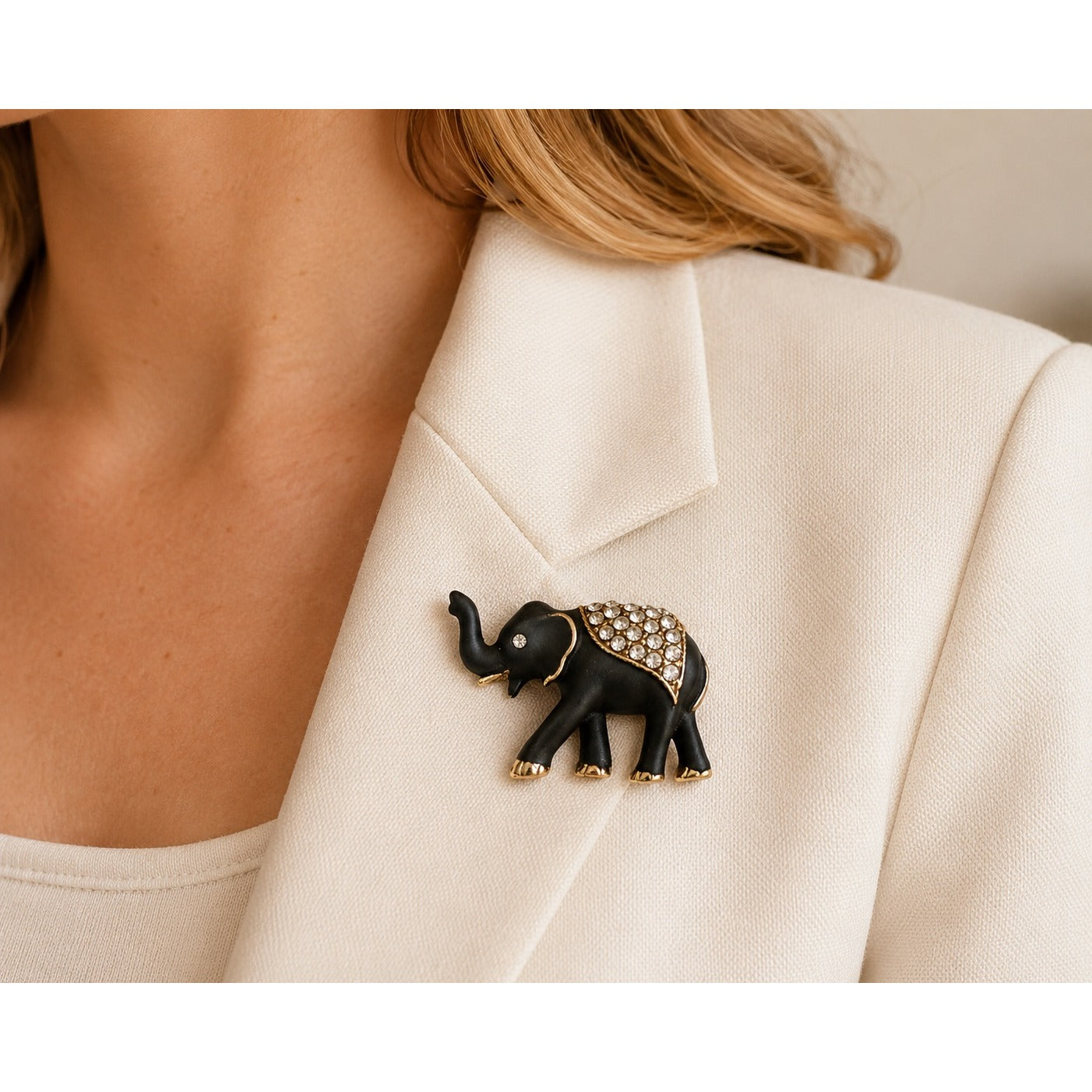 Vintage Matte Black Enamel Elephant Brooch Gold Tone Rhinestone Accent Lucky Pin 1.25"