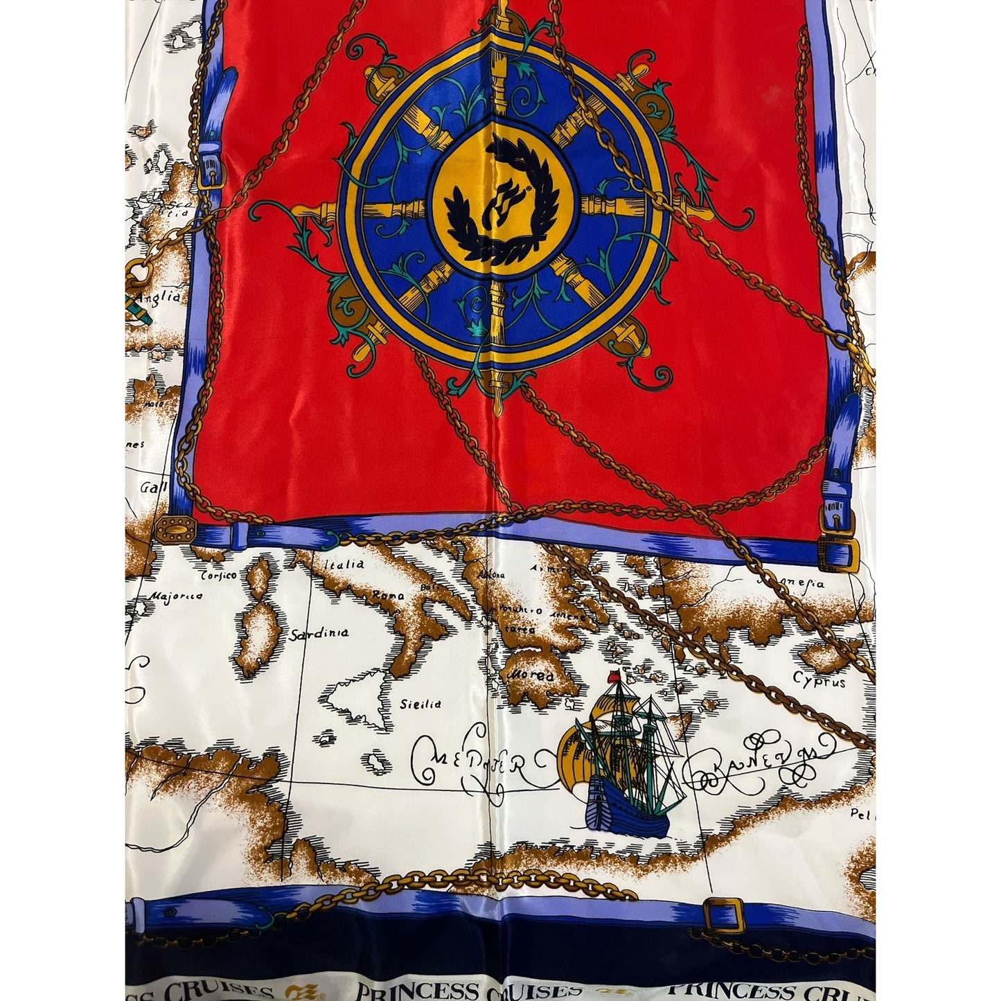 Vintage Princess Cruises Nautical Map Scarf 30” – Silk-Feel Square Maritime Print