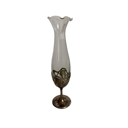 Vintage Made in Japan Silver Tone Grape Vine Glass Bud Vase 7.25 Inch