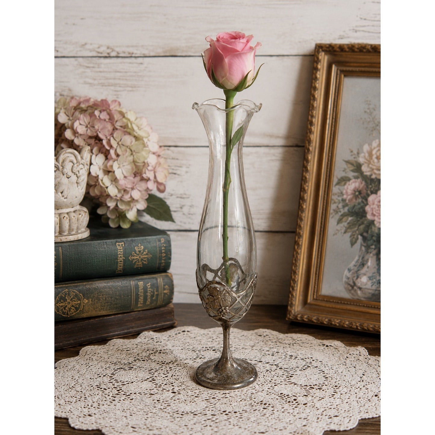 Vintage Made in Japan Silver Tone Grape Vine Glass Bud Vase 7.25 Inch