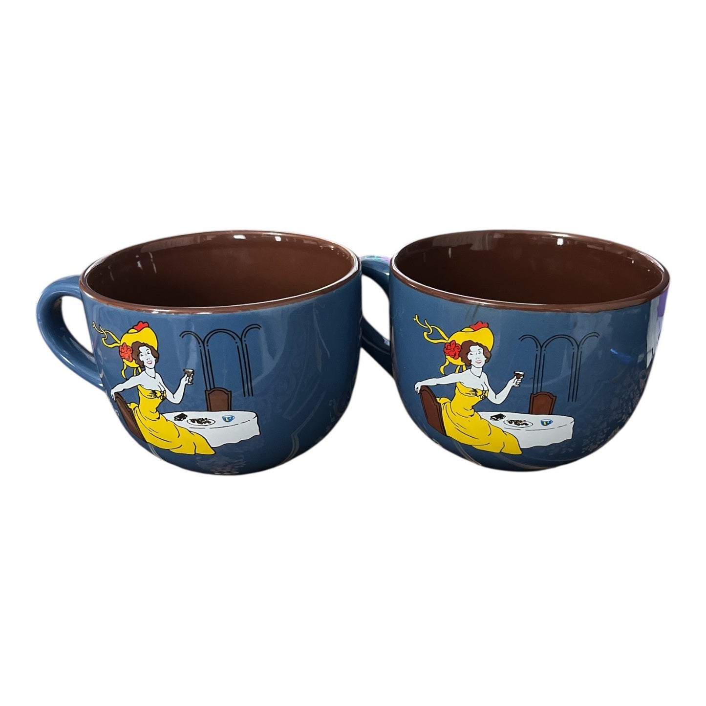 Pair of Café Bohême Coffee Crème Liqueur Mugs – Retro Lady in Yellow – 1990s