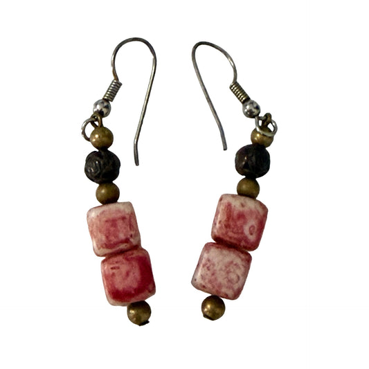 Vintage Boho Pink Stone Cube Bead Dangle Earrings Brass Tone Fishhook Handmade