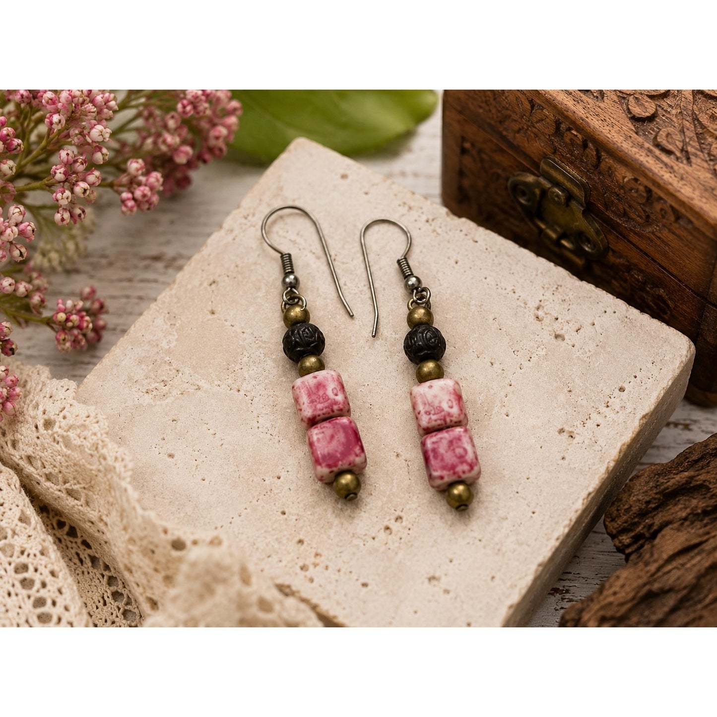 Vintage Boho Pink Stone Cube Bead Dangle Earrings Brass Tone Fishhook Handmade