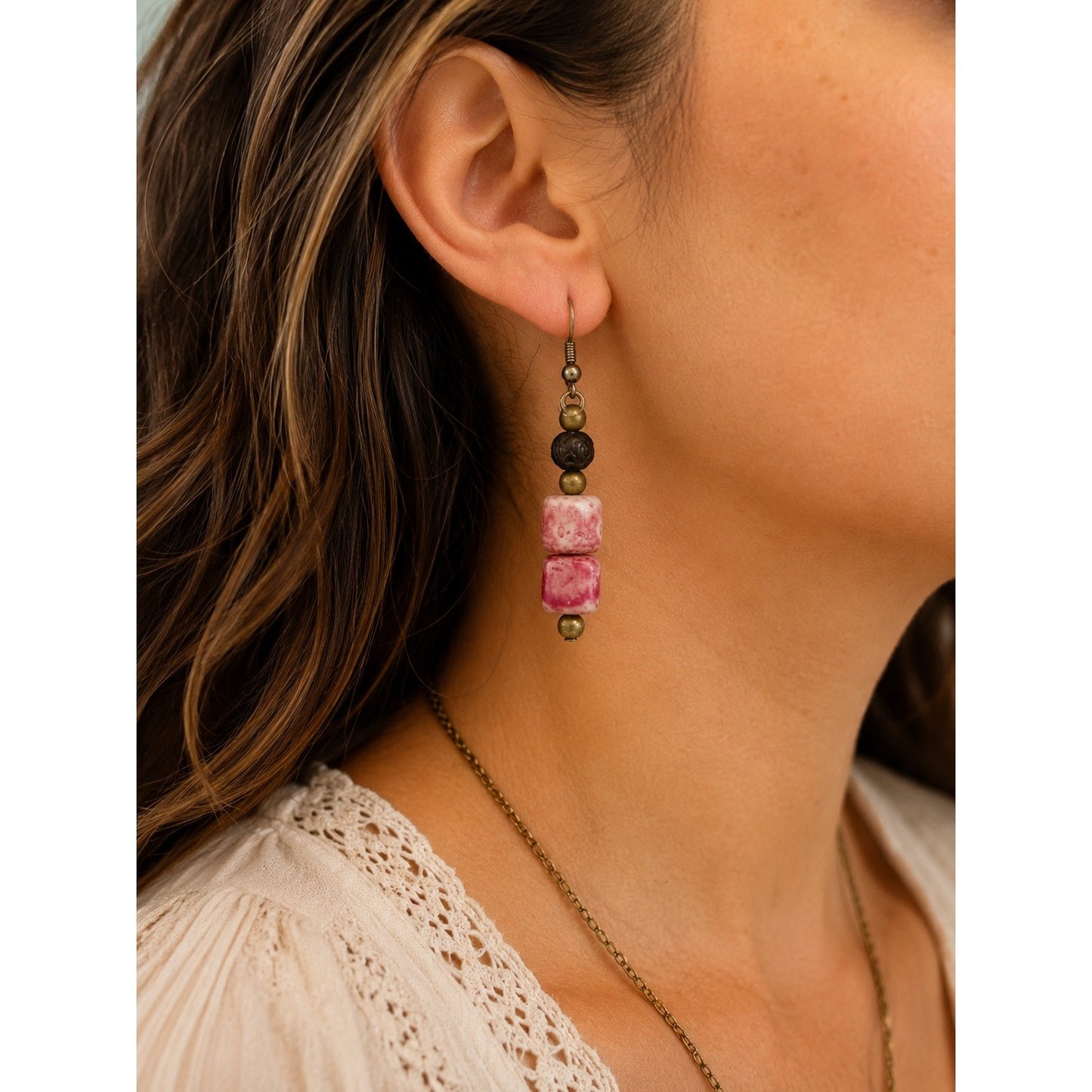 Vintage Boho Pink Stone Cube Bead Dangle Earrings Brass Tone Fishhook Handmade