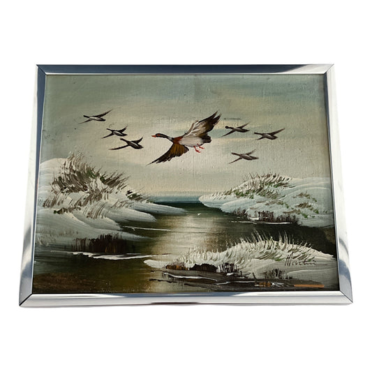 Vintage Signed Duck Landscape Oil Painting – 8x10 Framed Waterfowl Art by Martin