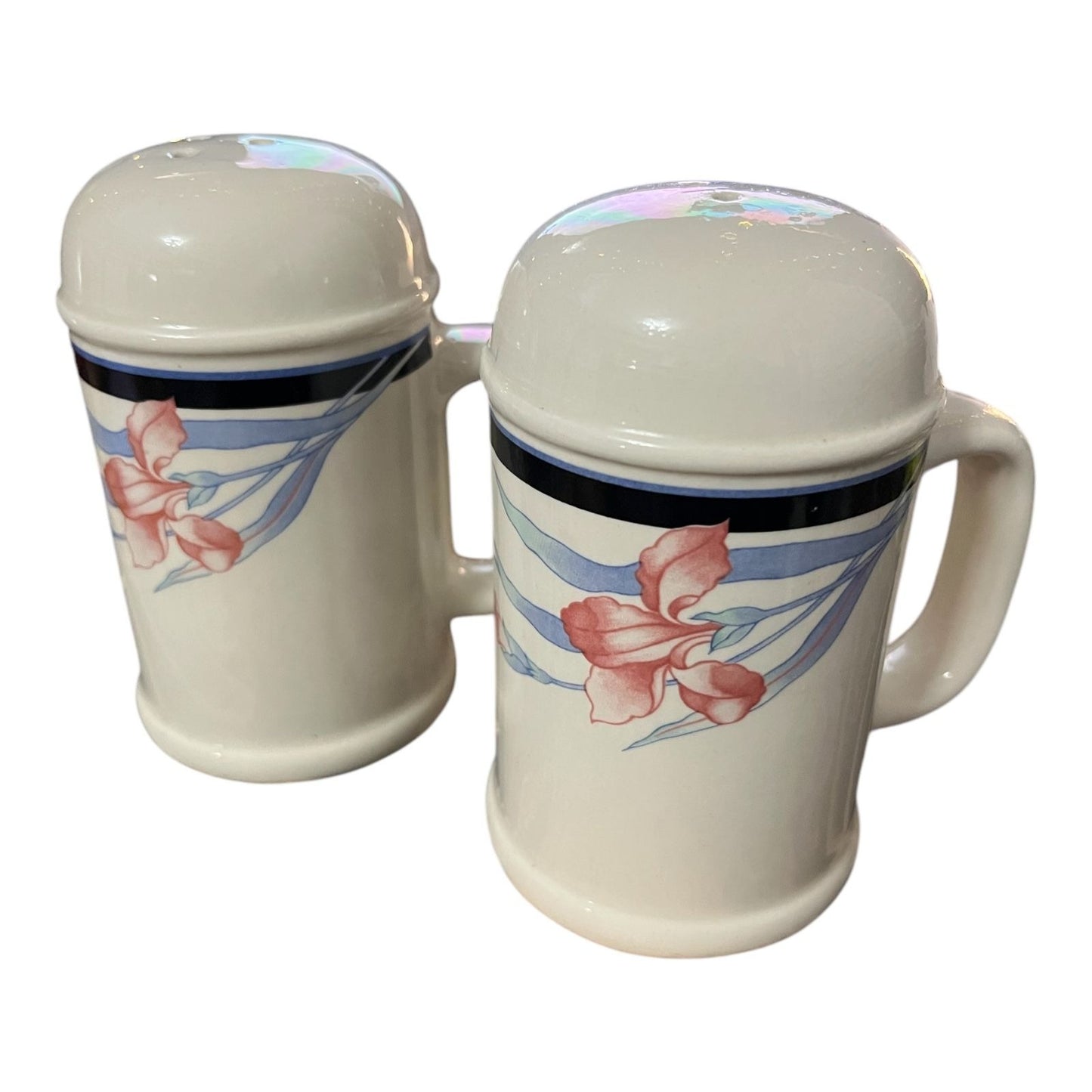 Vintage Made in Japan Ceramic Floral Salt and Pepper Shakers with Handles – Pink and Blue Iris Design