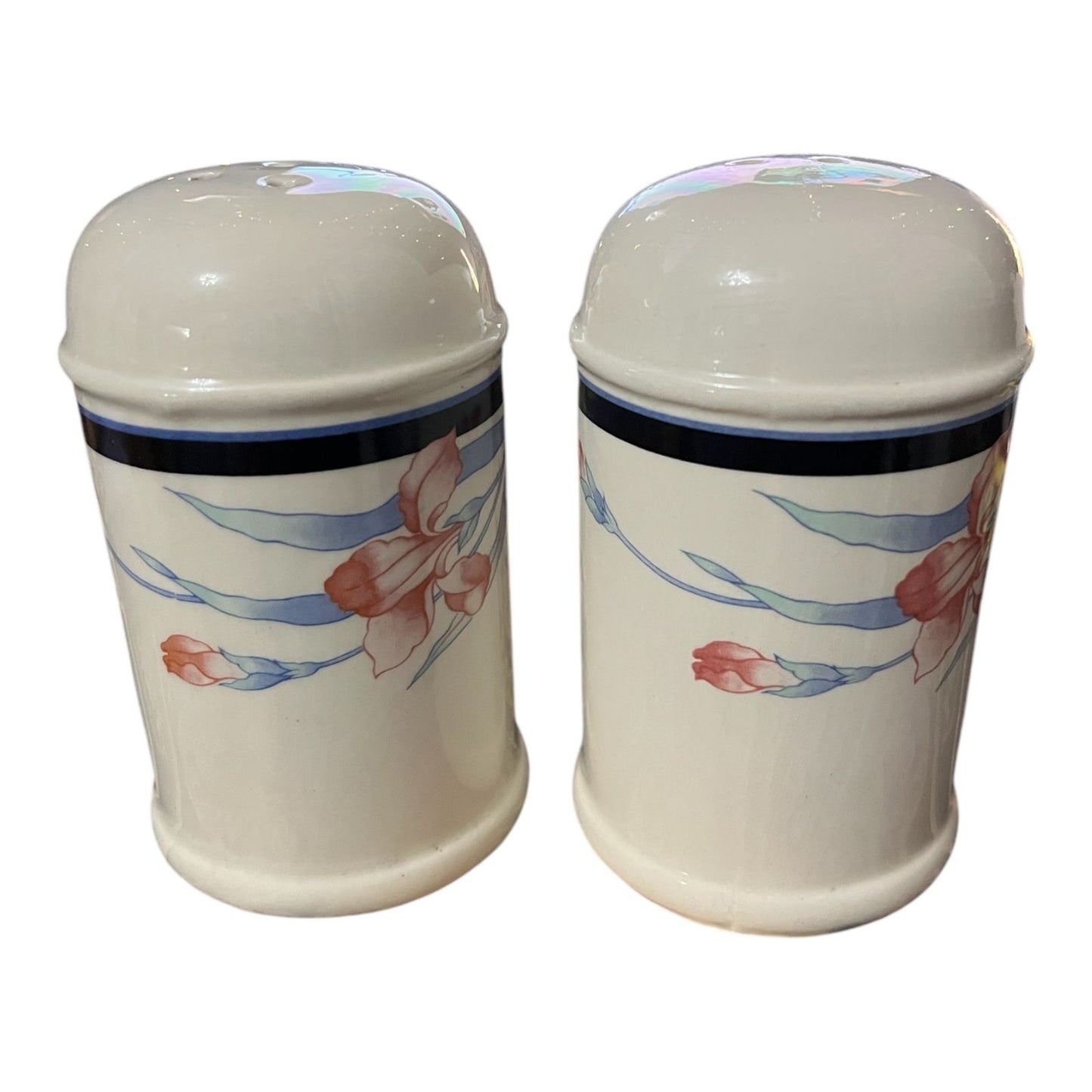 Vintage Made in Japan Ceramic Floral Salt and Pepper Shakers with Handles – Pink and Blue Iris Design