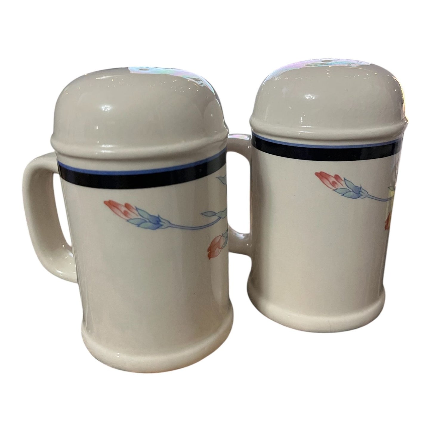 Vintage Made in Japan Ceramic Floral Salt and Pepper Shakers with Handles – Pink and Blue Iris Design
