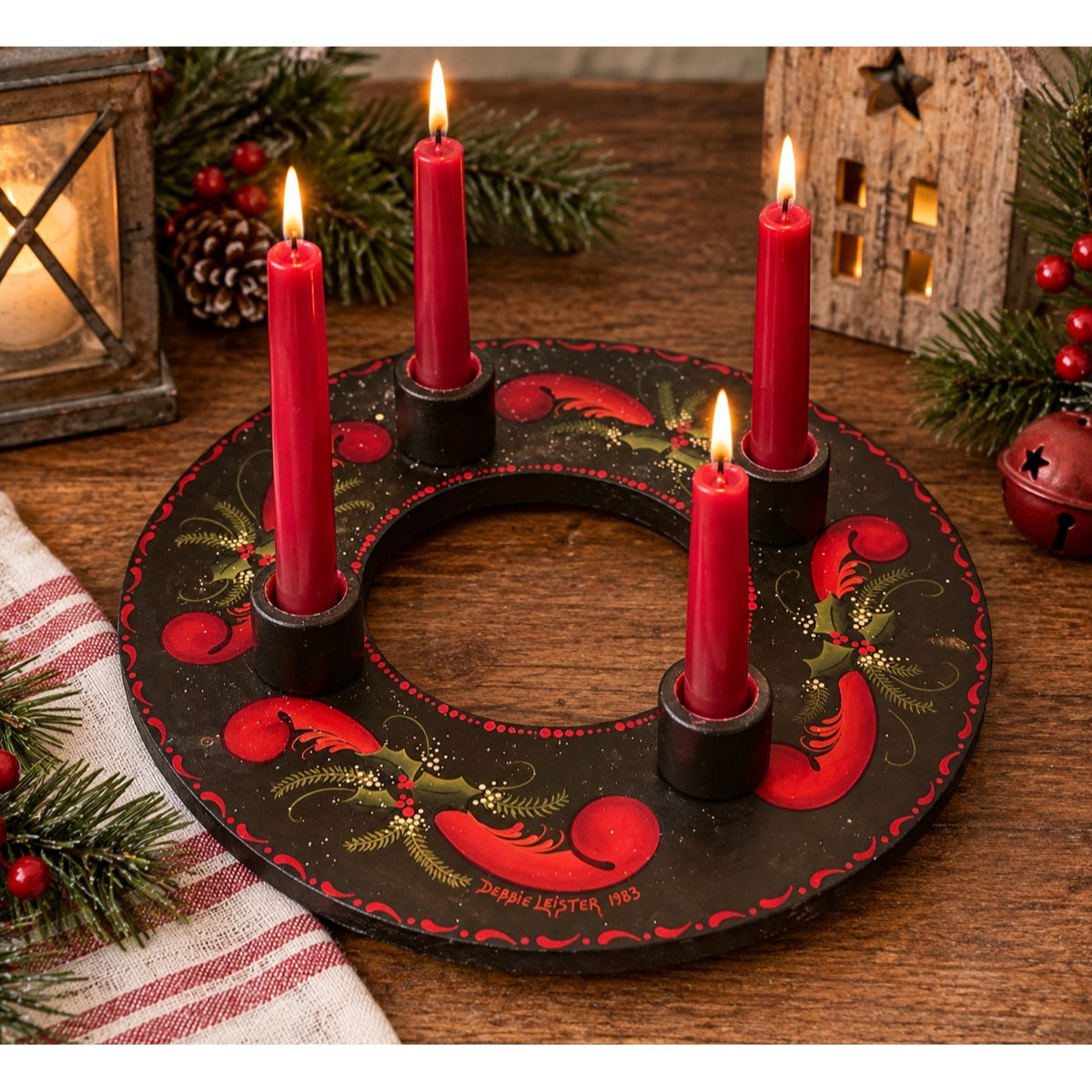 1983 Debbie Leister Hand Painted Wood Advent Candle Ring Folk Art Christmas 11 Inch