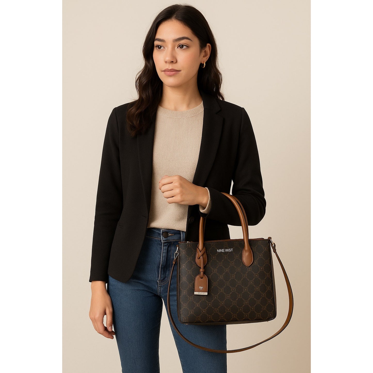 Nine West Brown Logo Satchel Tote Bag with Crossbody Strap