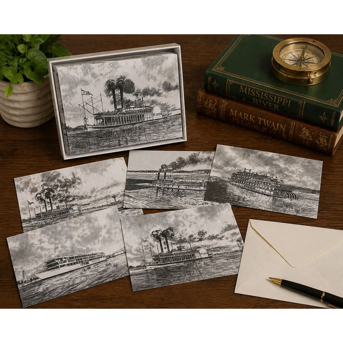 Vintage Steamboat Riverboat Notecards Set Mississippi Paddle Boat Art 11 Cards Envelopes