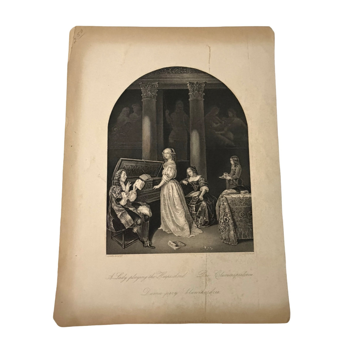 Antique 1840s A Lady Playing Harpsichord A.H. Payne Caspar Netscher Steel Engraving