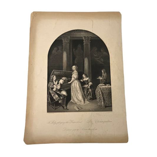 Antique 1840s A Lady Playing Harpsichord A.H. Payne Caspar Netscher Steel Engraving