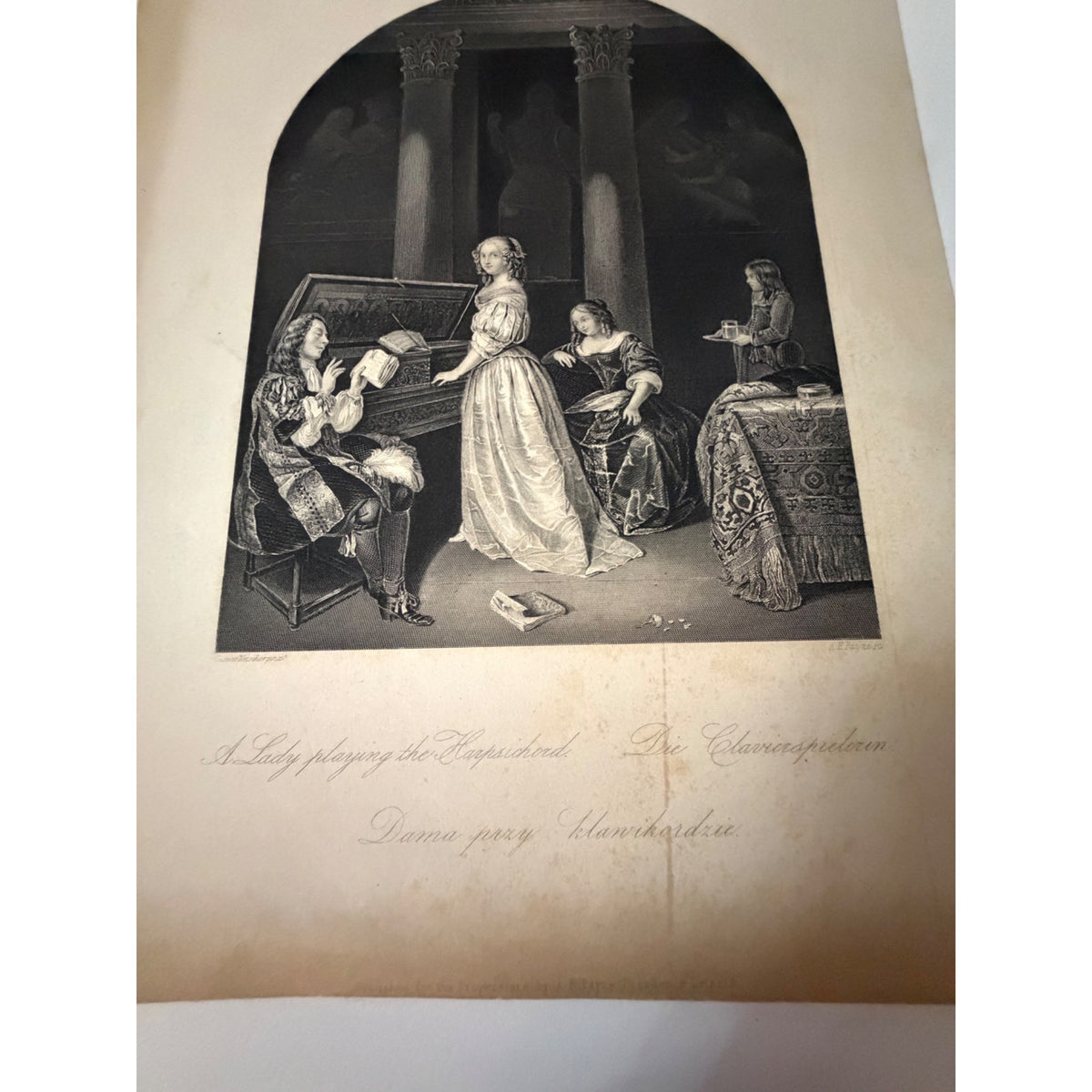 Antique 1840s A Lady Playing Harpsichord A.H. Payne Caspar Netscher Steel Engraving