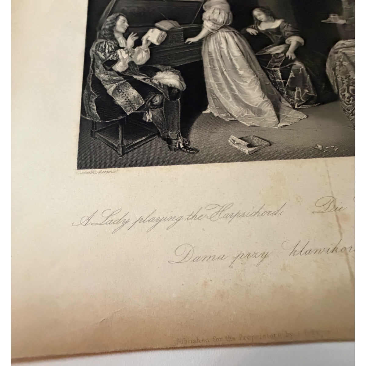 Antique 1840s A Lady Playing Harpsichord A.H. Payne Caspar Netscher Steel Engraving