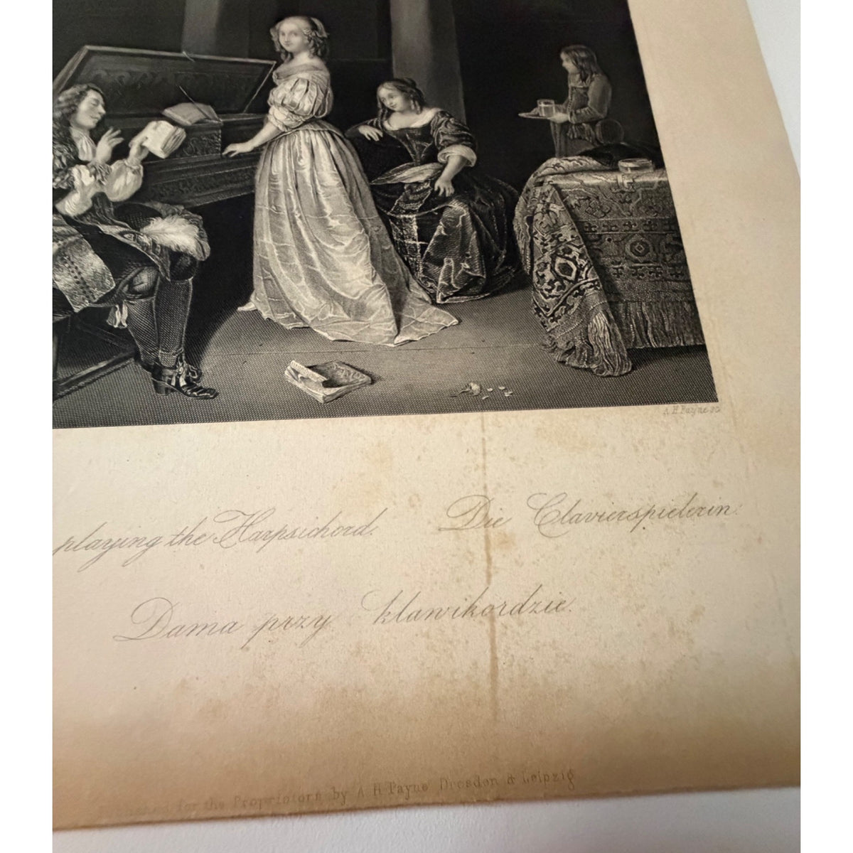 Antique 1840s A Lady Playing Harpsichord A.H. Payne Caspar Netscher Steel Engraving