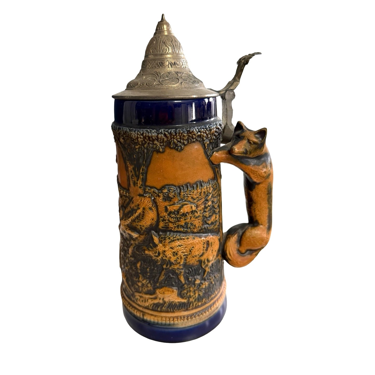 Vintage GERZ German Hunting Beer Stein Fox Handle Waidmanns Heil Pewter Lid 11"