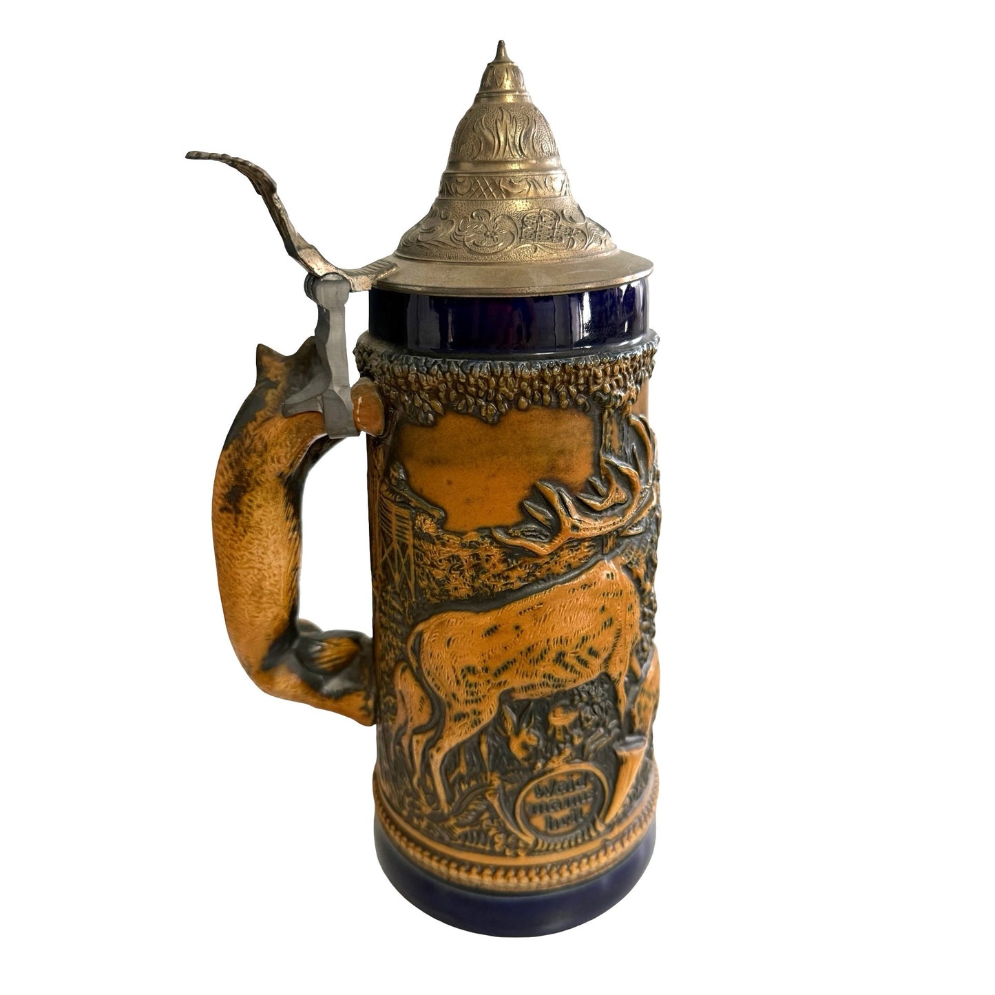 Vintage GERZ German Hunting Beer Stein Fox Handle Waidmanns Heil Pewter Lid 11"