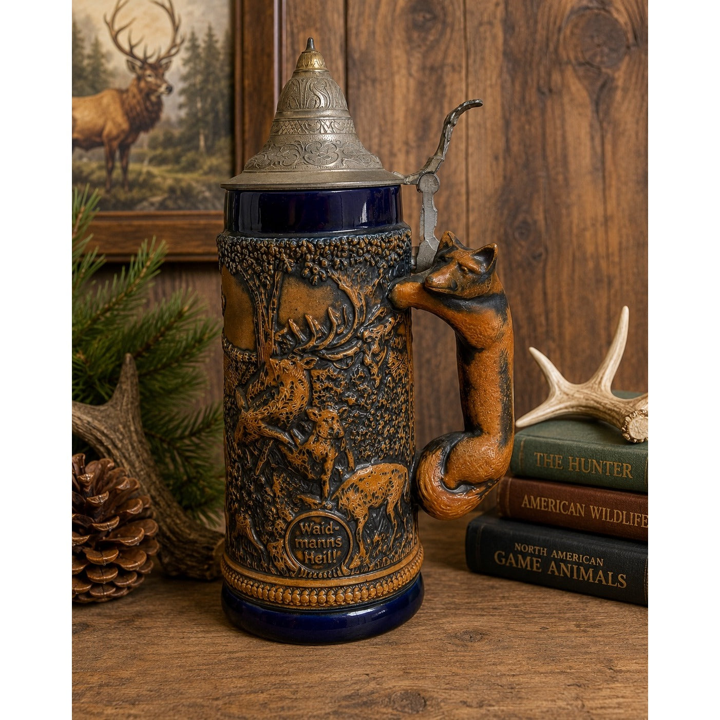 Vintage GERZ German Hunting Beer Stein Fox Handle Waidmanns Heil Pewter Lid 11"