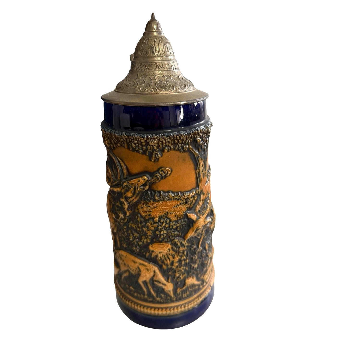 Vintage GERZ German Hunting Beer Stein Fox Handle Waidmanns Heil Pewter Lid 11"