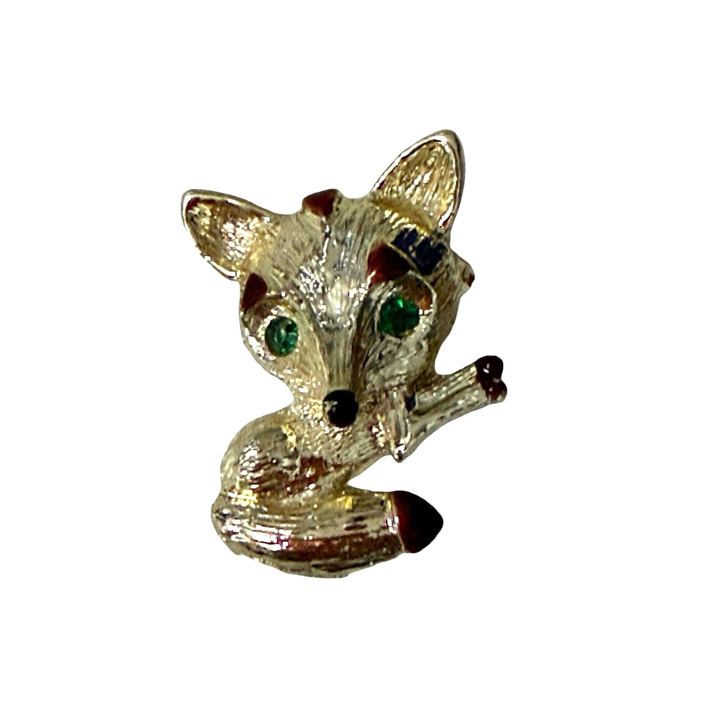 Vintage Gerry’s Fox Brooch Gold Tone Green Rhinestone Eyes Animal Pin