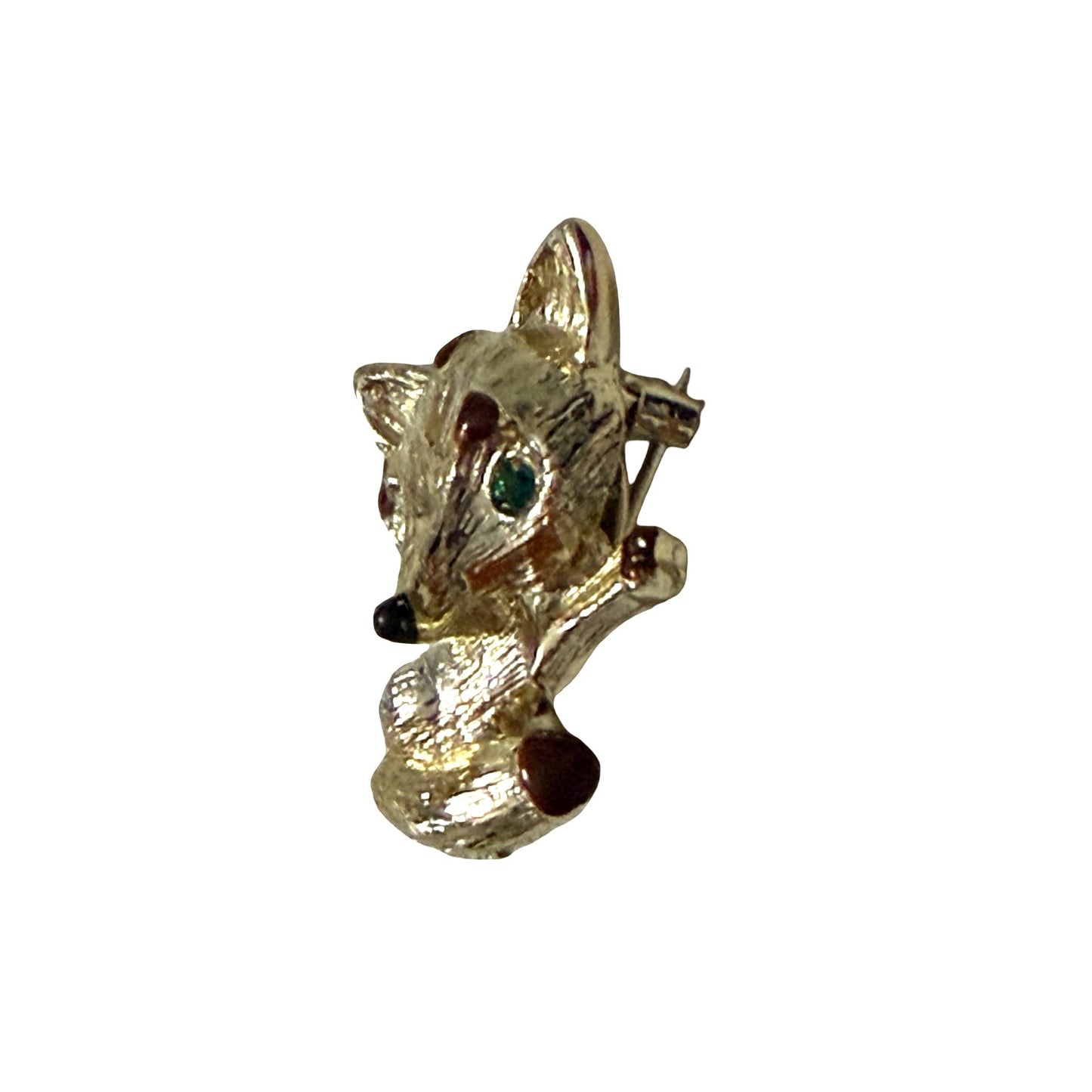 Vintage Gerry’s Fox Brooch Gold Tone Green Rhinestone Eyes Animal Pin