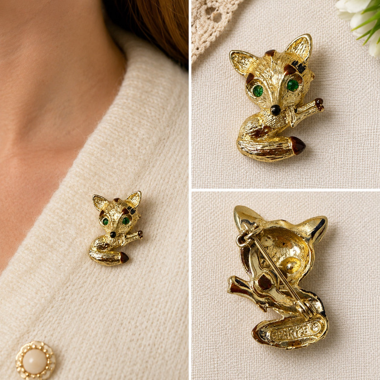 Vintage Gerry’s Fox Brooch Gold Tone Green Rhinestone Eyes Animal Pin