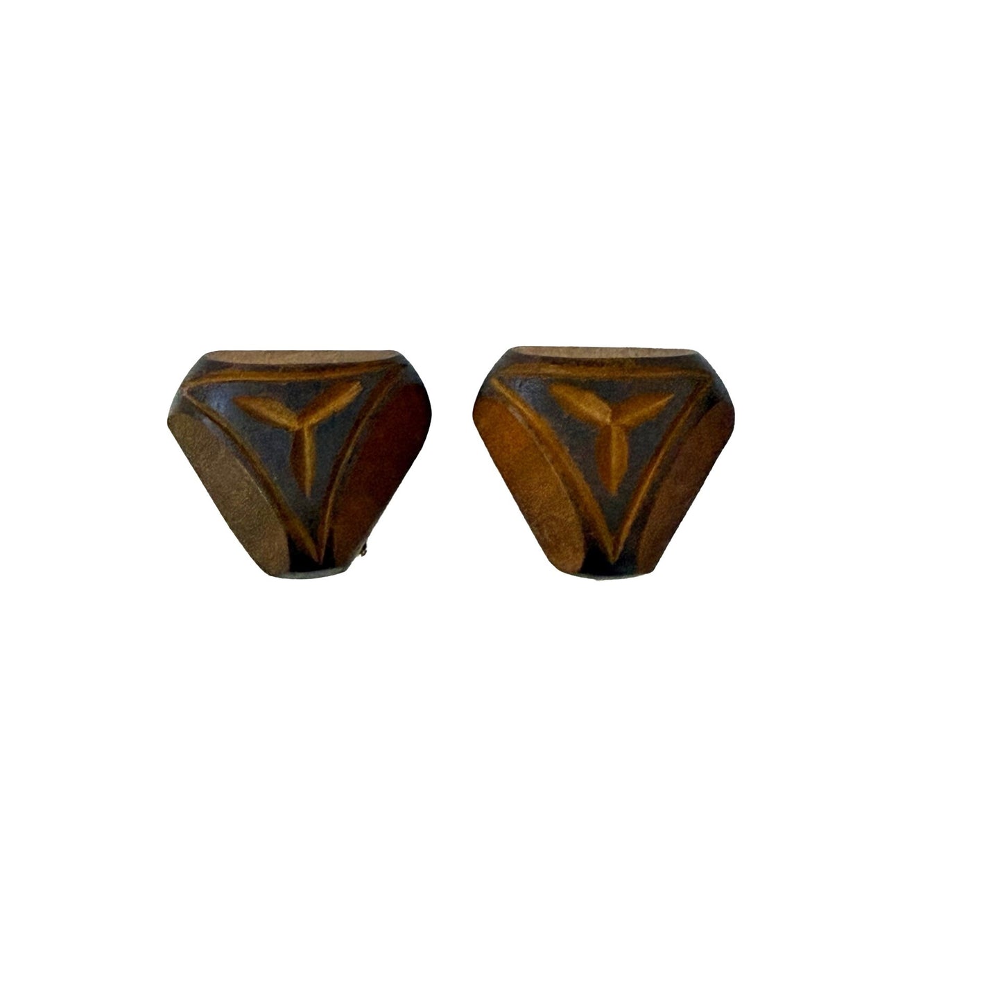 Vintage Carved Wood Clip On Earrings Geometric Tribal Boho Mid Century Style