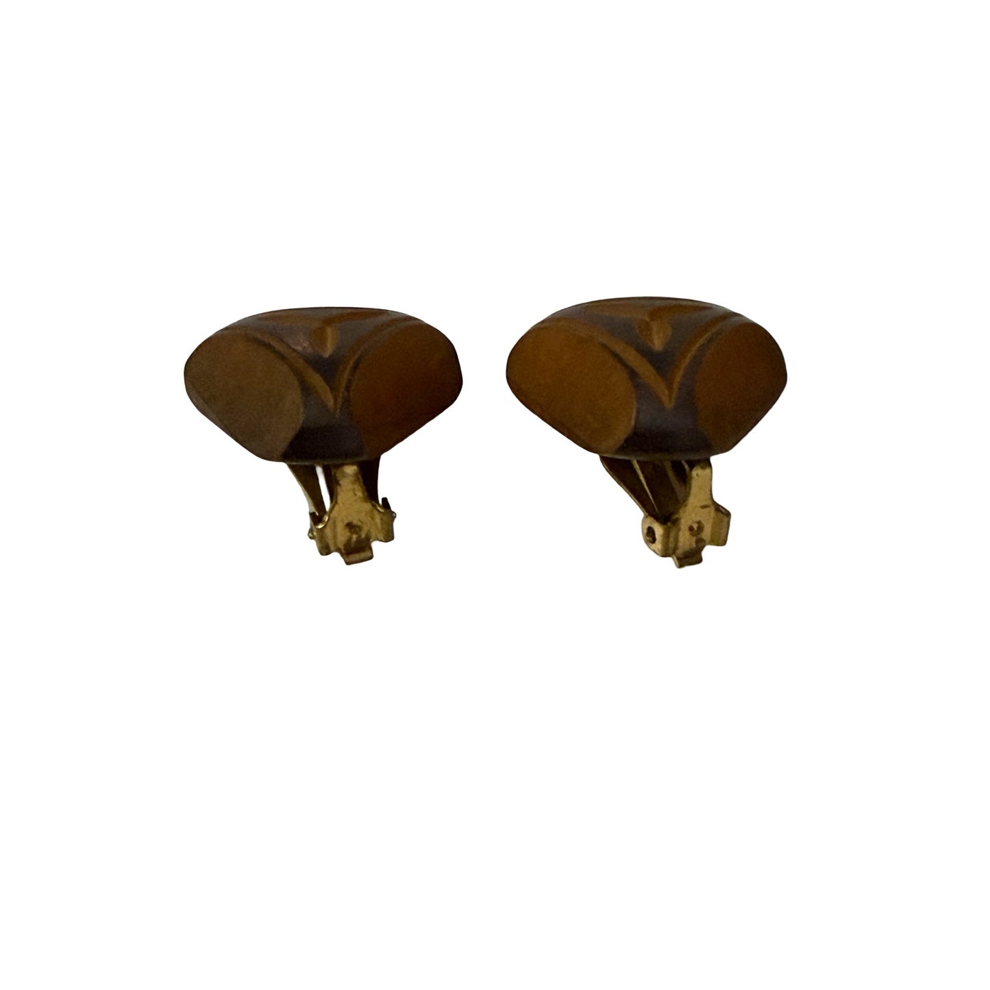 Vintage Carved Wood Clip On Earrings Geometric Tribal Boho Mid Century Style