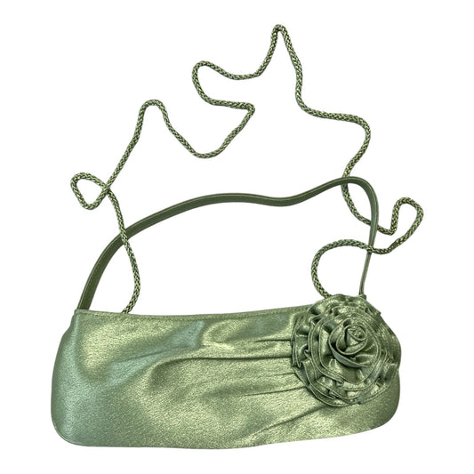 Kate Landry Green Satin Evening Bag – Rosette Shoulder Purse with Cord Strap, 2000s