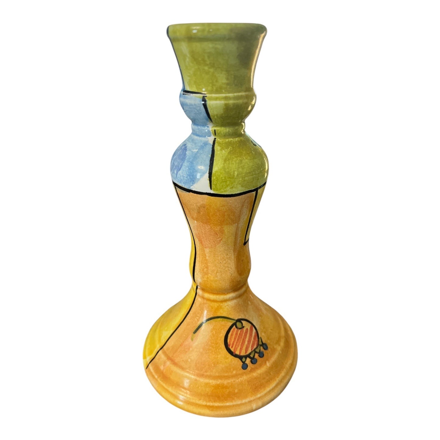 Italian Hand Painted Ceramic Candle Holder 8.5 Inch Colorful Art Pottery Candlestick